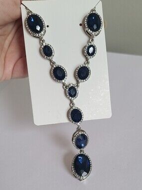 Vintage Luxury Style Evening Formal Chunky Blue CZ Crystal Long Drop Necklace